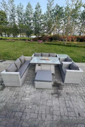 Fimous Rattan Fire Pit Garden Furniture Set Gas Heater Burner Lounge Sofa Dining Set Chairs Footstool in Light Grey