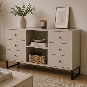 Dmora Credenza Lerata, Aparador 6 Cajones, Un Estante, 2 Compartimentos, 112x33x82h Cm Beige Cashmere