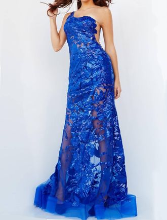 Jovani One Shoulder Embellished Evening Gown In Royal