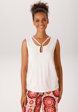 Aniston Tanktop ANISTON CASUAL, Damen, Gr. 34, wollwei&szlig;, Single Jersey, Obermaterial: 95% Viskose, 5% Elasthan, unifarben, figurumspielend h&uuml;ftlang, V-Ausschn