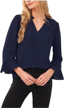 CeCe by Cynthia Steffe Elbow Ruffle Sleeve V-Neck Blouse Womens Clothing Classic Navy : MD, Polyester