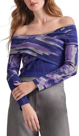 Misook Watercolor Crop Off the Shoulder Top in Starry Night Blue/plum Royale at Nordstrom Rack, Size X-Small