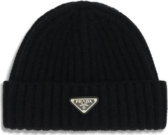 Prada Geribbelde Wol Beanie Hoed - Dames - Hoeden - Zwart - ONE Size - Wol - Accessoires