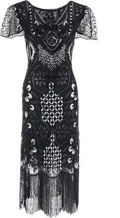 Generic 1920s Flapper Dress for Women UK Vintage Sequin Fringe Beaded Art Deco Fancy Dress with Sleeve for Party Prom Ladies 1920s Cocktail Party Sequin Tasse
