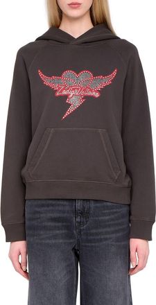 Zadig&Voltaire Georgy Heart Wings Strass Crystal Embellished Cotton Graphic Hoodie in Carbone at Nordstrom, Size X-Small