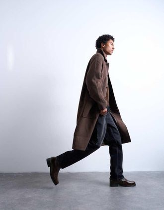 Topman Cappotto premium in misto lana color cioccolato con maniche raglan-Marrone