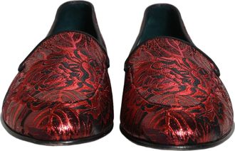 Dolce & Gabbana Mens Red Floral Jacquard Slip On Loafers Shoes Leather