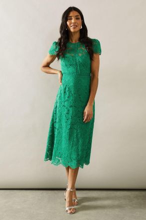 Wallis Womens Lace Fit And Flare Midi Dress - Green - Size 14 UK