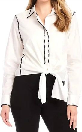 Karen Kane Ottilie Edge Stitch Tie Front Top In Off White And Black