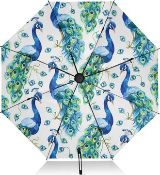 Alaza Umbrellas for Rain Sun Outdoor, Automatic Folding Umbrella Windproof Strong, Large Anti-UV Compact Umbrella Black Outside Peacock Watercolor Travel Um