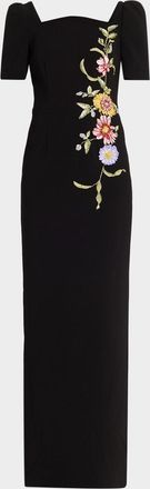 Teri Jon Scalloped Crepe Short-Sleeve Embroidered Gown