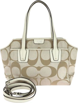 Coach Beige White Canvas Leather Shoulder Bag Tote Bag (Pre-Owned)
