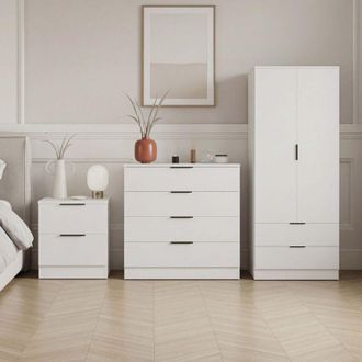 Home Discount Trega 3pc Bedroom Furniture Set - 2 Drawer Bedside, 4 Drawer Chest & 2 Door Wardrobe, White