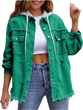 Generic Hooded Denim Jackets Women Long Sleeve Button Down Jean Jackets Casual Loose Shirts Ripped Distressed Western Boyfriend Coats Oversized Frayed Hem Fal