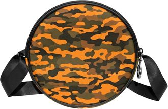 Generic Circle Crossbody Bag for Women, Orange Camouflage Small Sling Bag Daypack with Zipper Adjustable Shoulder Straps Casual Ladies Girls Round Purse