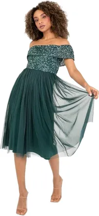 Maya Dames Sequin Bardot Korte Mouw Midi Jurk (Emerald)