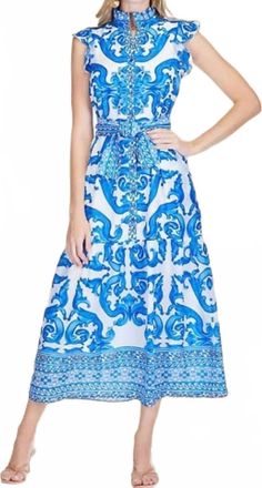 Jade Yoga Wave Button Front Maxi Dress In Cobalt Blue And White