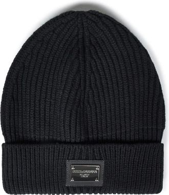 Dolce & Gabbana Accessoires, Heren, Zwart, ONE Size, Wol, Zwarte Geribbelde Beanie Muts