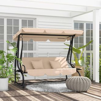 OUTSUNNY 2-in-1 Garden Swing Chair for 3 Person w/ 2 Pillows, Light Brown