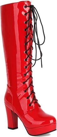 Generic Womens Patent PU Leather Knee High Riding Boots Lace Up Platform Block High Heel Fashion Goth Shoes with Zipper (Red,7.5)
