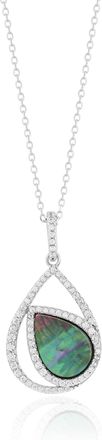 Suzy Levian White Sterling Silver White Cubic Zirconia Double Teardrop Black Mother of Pearl Pendant
