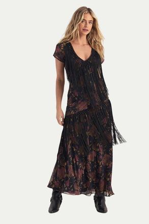 NASTY GAL Floral Chiffon Fringe Maxi Dress in Black at Nordstrom, Size 10