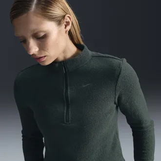Nike Womens Nike Sportswear Phoenix Plush Slim Long-Sleeve Cozy Fleece 1/2-Zip Top in Green | FV8028-338