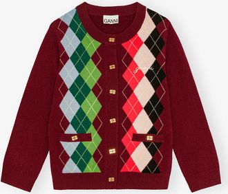 Ganni Red Burgundy Check Cardigan - Size XXS Merino Wool