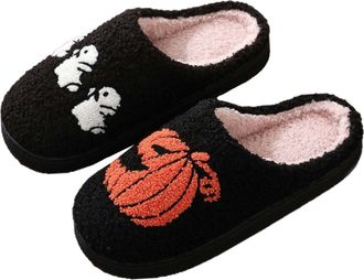 Generic Slippers Women Cute Halloween Pumpkin Cartoon Winter Warm Footwear For Couples Home Clogs Ghost Design For Her And Him Cozy Slippers For Women(Black, 