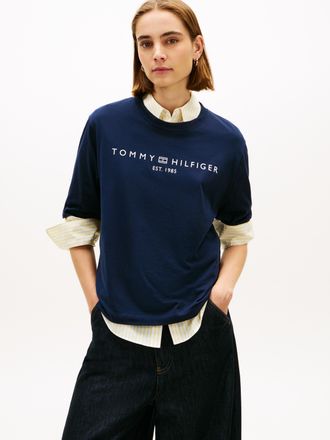 Tommy Hilfiger Langarmshirt TOMMY HILFIGER CORP LOGO TRAPEZE C-NK TEE, Damen, Gr. XL (42), schwarz night navy, Single Jersey, Obermaterial: 100% Baumwolle, bedruckt,