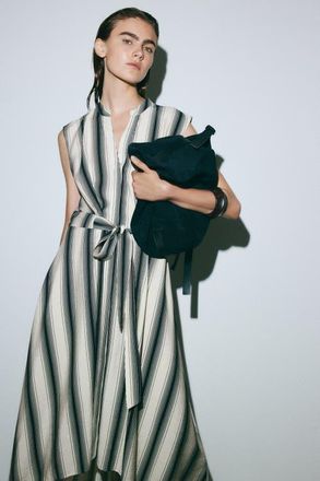 H&M Tie-belt Shirt Dress in Cream/black Striped at Nordstrom, Size Xx-Large