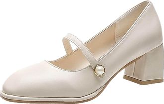 Generic Elegant Womens High Heel with Square Toe Design and Pearl for Stylish Occasions (Beige, 4.5)