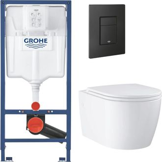 GROHE Paquete De Soporte Montado En Superficie Del Grohe Rapid Sl + Tapa Suspendida Sin Pesta&ntilde;a Para La Solapa De La Ronda De Inicio + Placa De Control Negr