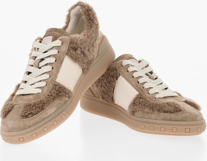 Lace-Up Suede Sneakers With Shearling Inserts Valentino