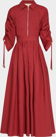 Elie Saab Ruched-Sleeve Poplin Midi Shirtdress