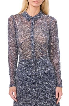 Halogen Print Mesh Button-Up Shirt in Navy Blue at Nordstrom Rack, Size Small