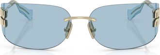 Miu Miu 75mm Oversize Rectangular Wrap Sunglasses in Pale Gold/Light Blue at Nordstrom