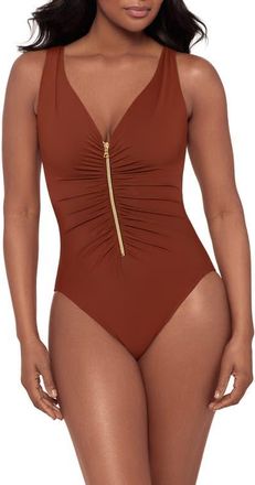 Miraclesuit Razzle Dazzle Zip-Up One-Piece Swimsuit in Copper Brown at Nordstrom, Size 10