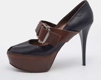 Marni Black/brown Leather Mary Jane Peep Toe Platform Pumps