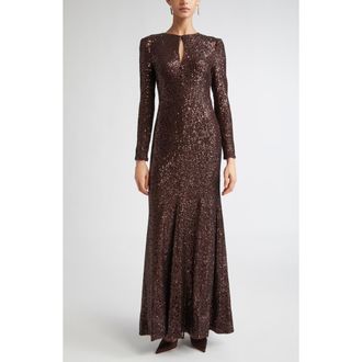 St. John Long Sleeve Sequin Stretch Knit Gown in Mocha at Nordstrom, Size 10