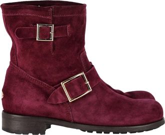 Jimmy Choo London Double-Buckle Detail Ankle Boots in Burgundy Suede