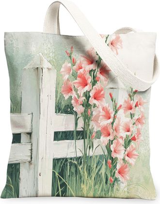 Generic Spring Gladiolus Fence Flower Canvas Tote Bag for Shopping 13x15, Farmhouse Cute Floral Reusable Grocery Print Bag for Women, Fun Country Beach Aesthe