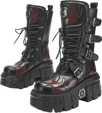 Generic Personalized Short Boots Motorcycle Boots Heavy Metal Versatile Mid-Calf Womens Rock Punk(US10)