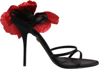 Dolce & Gabbana Black Leather Strappy Flower Heels Sandals Womens Shoes