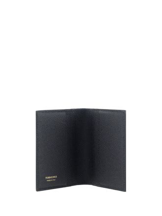 Ferragamo Mens Leather Card Holder With Metal Plaque Nero Calf Bos Taurus Umbrellas Accessory