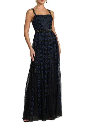 Mac Duggal Sleeveless Embellished Mesh A-Line Evening Gown in Black Midnight at Nordstrom, Size 10
