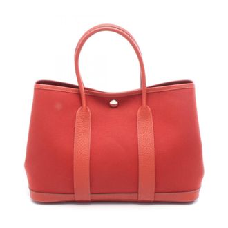 Herm&egrave;s Red Color Canvas Leather Tote Bag (Pre-Owned)
