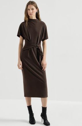 Brunello Cucinelli Techno wool jersey wrap belt dress with monili in Coffee at Nordstrom, Size Small