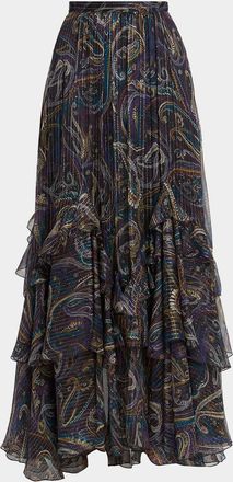 Etro Metallic Paisley Tiered Ruffle Maxi Skirt