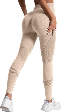 Generic Women 3D Compression Leggings Anti Cellulite Slimming Scrunch Bums Leggings High Waist Seamless Push-Up Opaque Gym Yoga Leggings Khaki, XL